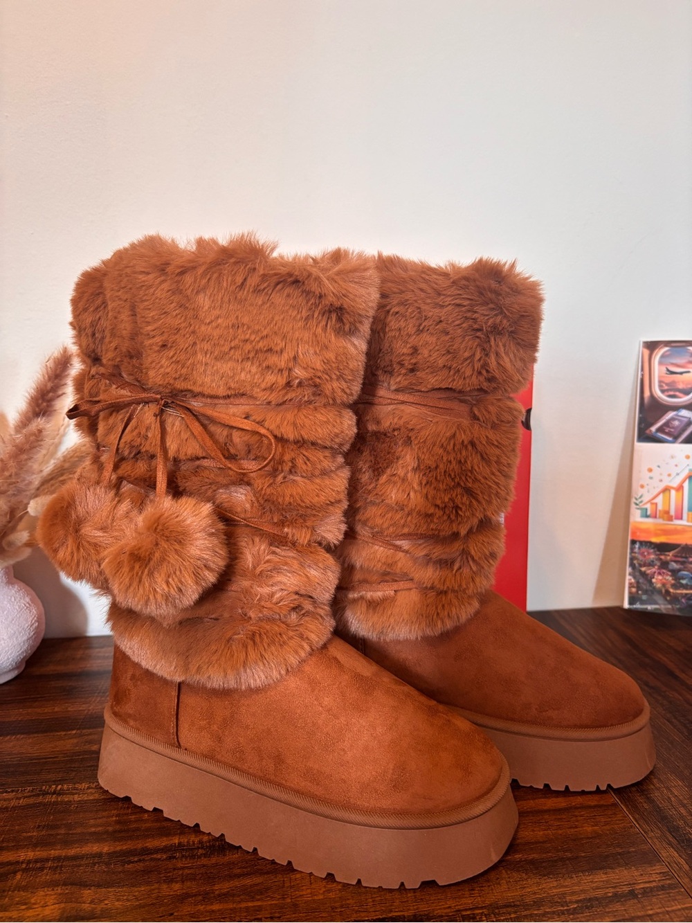 Rouge! Chestnut Faux-Fur Platform Mid-Calf Boots size 9